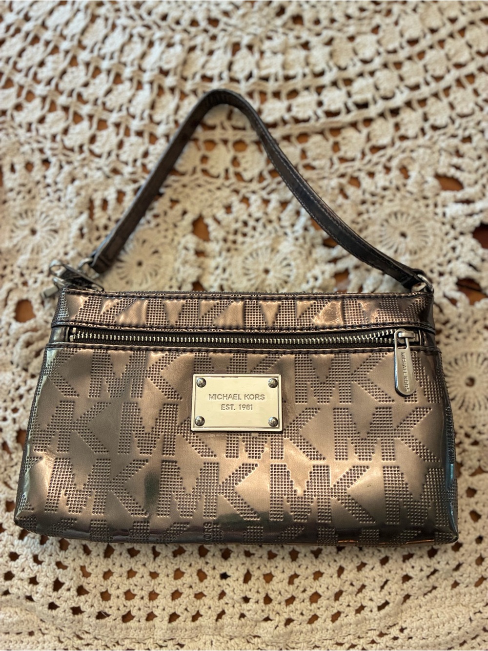 Michael Kors Jet Set Metallic Pewter MK Logo Mini Wristlet